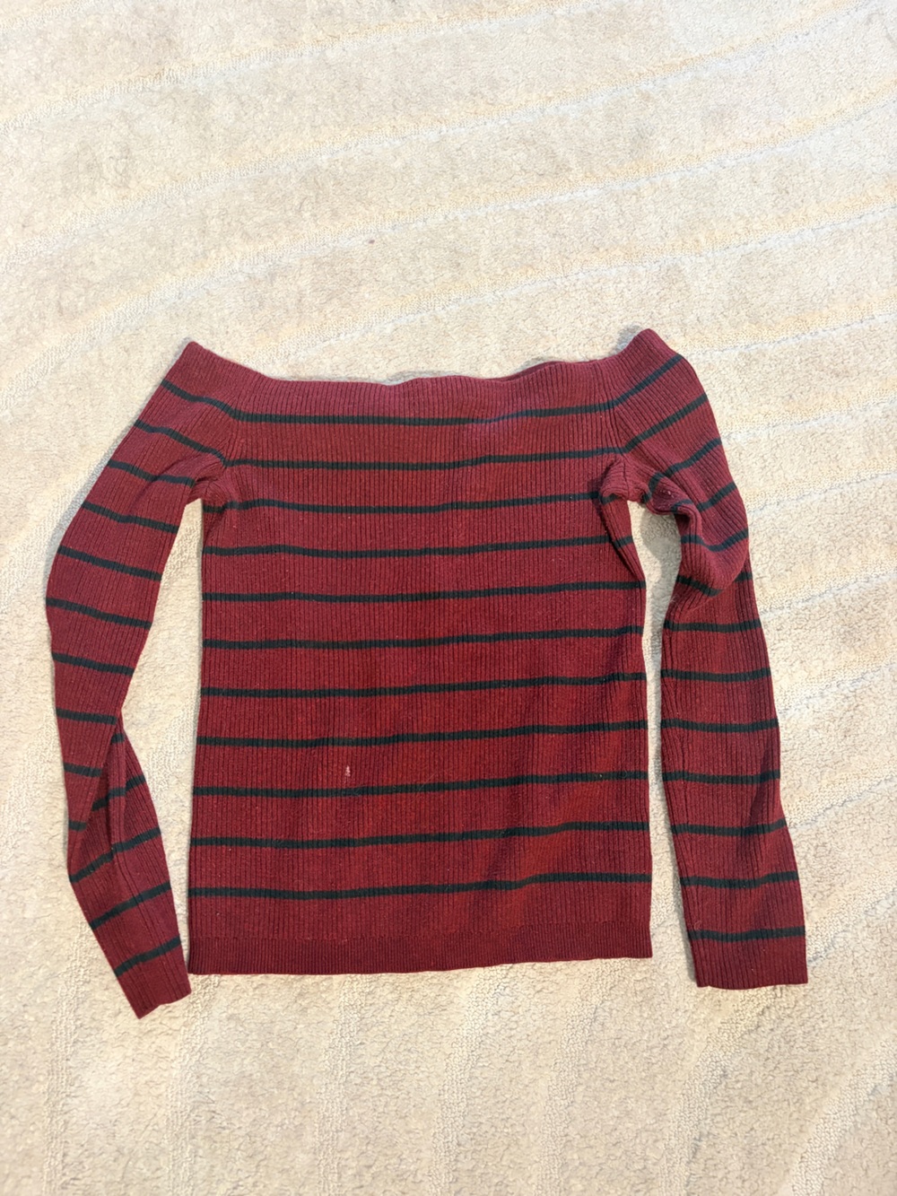 American Eagle Outfitters Off-the-Shoulder Burgundy and Navy Striped Sweater